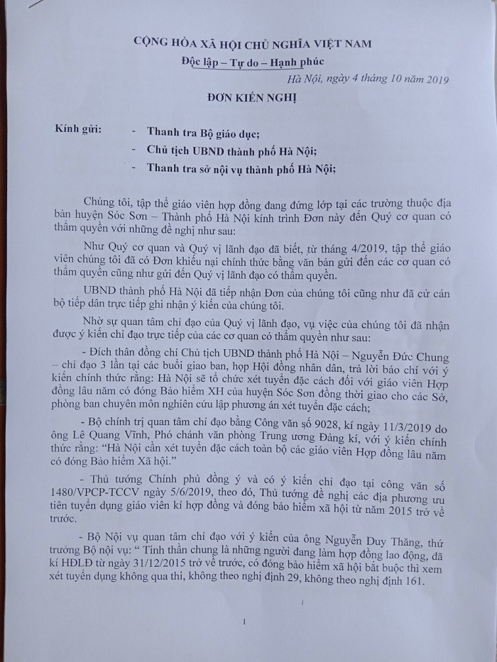 Đơn kiến nghị của giáo viên hợp đồng huyện Sóc Sơn (Ảnh:V.N)