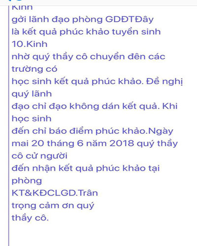 Mail thông báo từ Phòng Khảo thí gửi cho các Phòng giáo dục quận huyện về kết quả phúc khảo (ảnh: P.L) Mail thông báo từ Phòng Khảo thí gửi cho các Phòng giáo dục quận huyện về kết quả phúc khảo (ảnh: P.L)