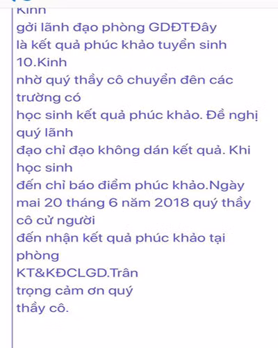 Mail thông báo từ Phòng Khảo thí gửi cho các Phòng giáo dục quận huyện về kết quả phúc khảo (ảnh: P.L) Mail thông báo từ Phòng Khảo thí gửi cho các Phòng giáo dục quận huyện về kết quả phúc khảo (ảnh: P.L)