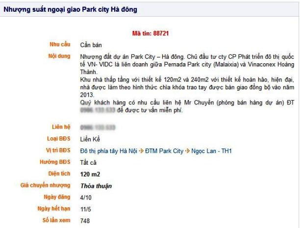 Đất dự án ParkCity được giao bán la liệt trên mạng. Đất dự án ParkCity được giao bán la liệt trên mạng.