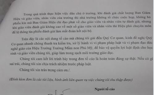 Tháng 8 vừa qua, 11 giáo viên của Trường Mầm non Phú Mỹ đã đứng đơn tố cáo hiệu trưởng Nguyễn Thị Thanh Liêm vi phạm 12 nội dung về công tác quản lý và thu chi tài chính. Ảnh do tác giả cung cấp Tháng 8 vừa qua, 11 giáo viên của Trường Mầm non Phú Mỹ đã đứng đơn tố cáo hiệu trưởng Nguyễn Thị Thanh Liêm vi phạm 12 nội dung về công tác quản lý và thu chi tài chính. Ảnh do tác giả cung cấp