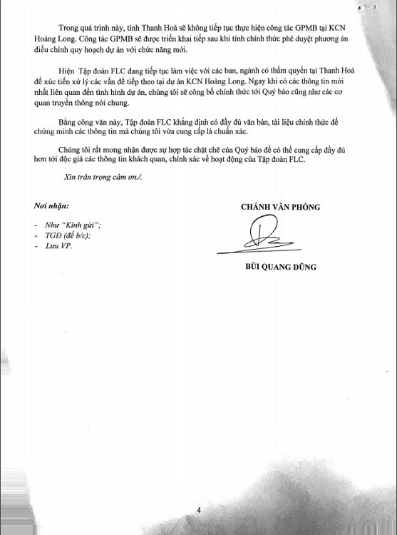 Nội dung văn bản Tập đoàn FLC gửi đến Báo Điện tử Giáo dục Việt Nam.