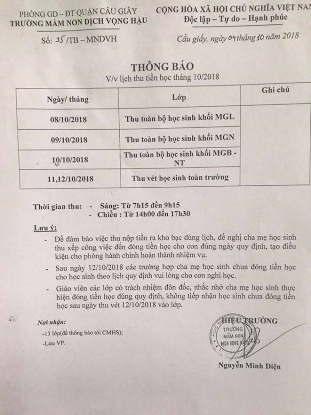 Nhiều phụ huynh Trường Mầm non Dịch Vọng Hậu (Hà Nội) bức xúc, bất bình sau khi nhà trường ra thông báo này. Ảnh: Zing.vn