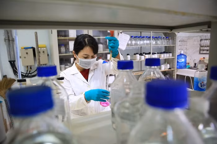 Nhân viên phân tích mẫu trong phòng Thí nghiệm.