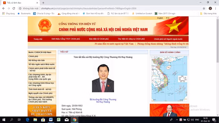 Ảnh chụp màn hình Cổng thông tin điện tử Chính phủ ngày 1/10/2018