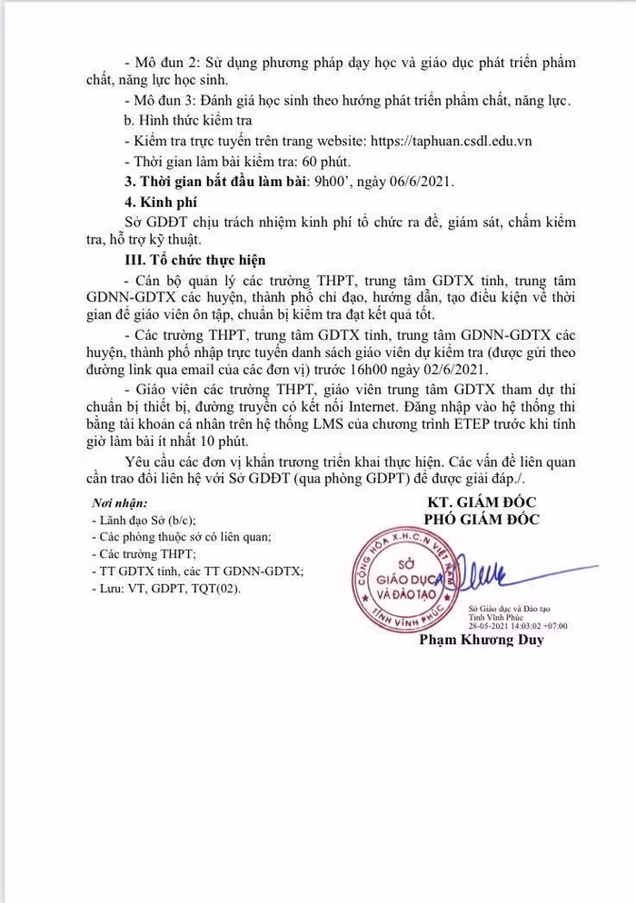 Kế hoạch kiểm tra, đánh giá giáo viên bồi dưỡng thường xuyên của tỉnh Vĩnh Phúc.