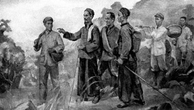Sau 30 năm bôn ba, ngày 28/1/1941, Nguyễn Ái Quốc - Bác Hồ từ Trung Quốc về nước và ở tại Pác Bó (Cao Bằng), trực tiếp lãnh đạo đấu tranh cách mạng. Người chỉ ra rằng, trong điều kiện cụ thể của Việt Nam, con đường duy nhất phải theo là con đường cách mạng dân tộc dân chủ do Đảng tiên phong của giai cấp công nhân lãnh đạo đánh đổ đế quốc, thực dân, giành độc lập dân tộc, sau đó tiến lên thực hiện cách mạng xã hội chủ nghĩa. (Tranh tư liệu/TTXVN phát) Sau 30 năm bôn ba, ngày 28/1/1941, Nguyễn Ái Quốc - Bác Hồ từ Trung Quốc về nước và ở tại Pác Bó (Cao Bằng), trực tiếp lãnh đạo đấu tranh cách mạng. Người chỉ ra rằng, trong điều kiện cụ thể của Việt Nam, con đường duy nhất phải theo là con đường cách mạng dân tộc dân chủ do Đảng tiên phong của giai cấp công nhân lãnh đạo đánh đổ đế quốc, thực dân, giành độc lập dân tộc, sau đó tiến lên thực hiện cách mạng xã hội chủ nghĩa. (Tranh tư liệu/TTXVN phát)