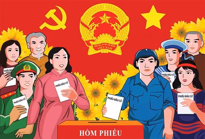 Tranh cổ vũ tuyên truyền bầu cử đại biểu Quốc hội khóa XV và đại biểu Hội đồng Nhân dân các cấp nhiệm kỳ 2021-2026
