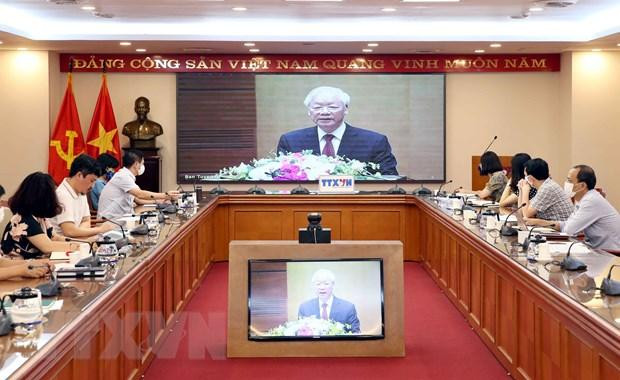 Quang cảnh hội nghị tại điểm cầu Thông tấn xã Việt Nam, số 5 Lý Thường Kiệt, Hà Nội. (Ảnh: Phạm Kiên/TTXVN) Quang cảnh hội nghị tại điểm cầu Thông tấn xã Việt Nam, số 5 Lý Thường Kiệt, Hà Nội. (Ảnh: Phạm Kiên/TTXVN)