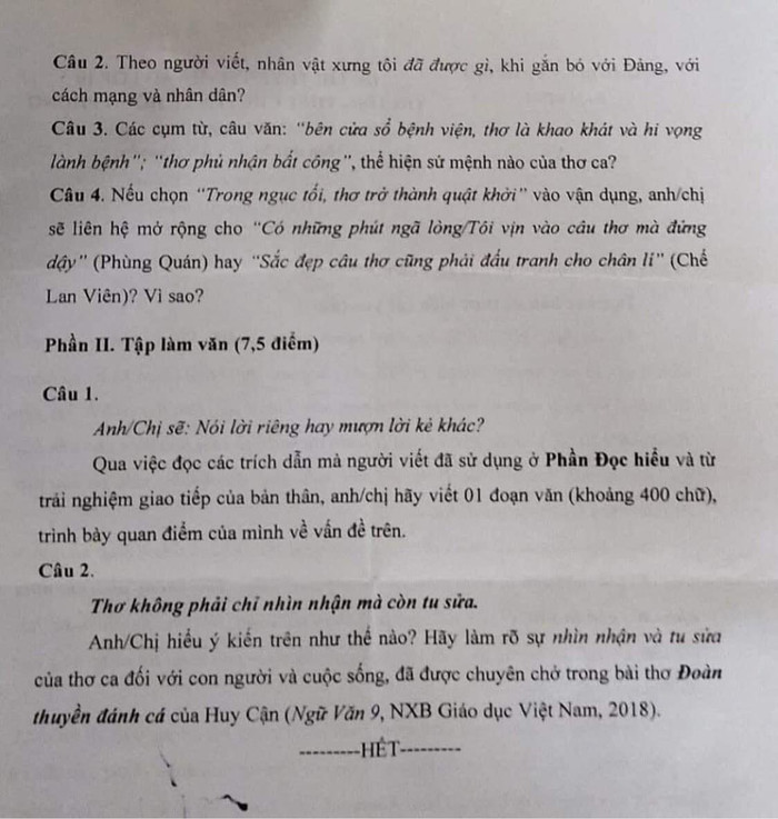 Đề thi Ngữ văn của Trường trung học phổ thông chuyên Lê Hồng Phong - Nam Định
