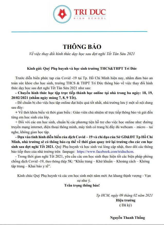 Thông báo của Trường Trí Đức được đăng tải trên website nhà trường (ảnh: P.L) Thông báo của Trường Trí Đức được đăng tải trên website nhà trường (ảnh: P.L)