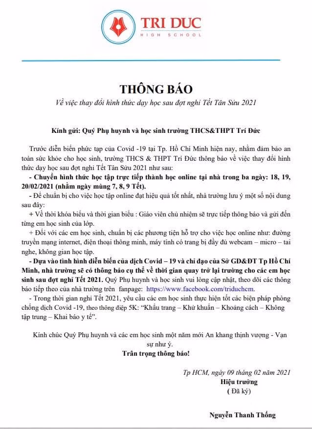 Thông báo của Trường Trí Đức được đăng tải trên website nhà trường (ảnh: P.L)