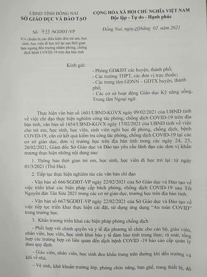 Trích văn bản 733 của Giám đốc Sở Giáo dục Đồng Nai ký ngày 25/2/2021 (ảnh: P.L) Trích văn bản 733 của Giám đốc Sở Giáo dục Đồng Nai ký ngày 25/2/2021 (ảnh: P.L)