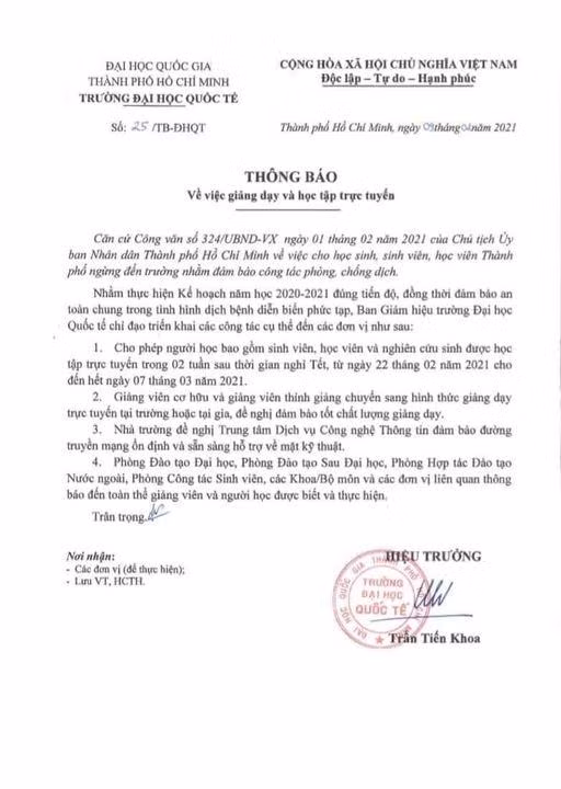 Thông báo lùi lịch học tập trung của Trường Đại học Quốc tế (ảnh: P.L)