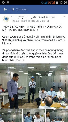 Một thông tin kêu gọi sinh viên Hoa Sen lên lầu 8, 9 quay phim, chụp hình trên mạng xã hội (ảnh: P.L) Một thông tin kêu gọi sinh viên Hoa Sen lên lầu 8, 9 quay phim, chụp hình trên mạng xã hội (ảnh: P.L)