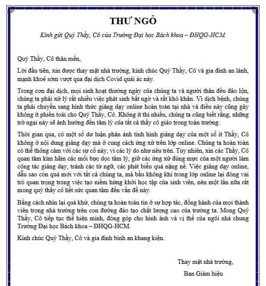 Thư ngỏ của Ban Giám hiệu Trường Đại học Bách Khoa gửi toàn thể giảng viên (ảnh: CTV) Thư ngỏ của Ban Giám hiệu Trường Đại học Bách Khoa gửi toàn thể giảng viên (ảnh: CTV)