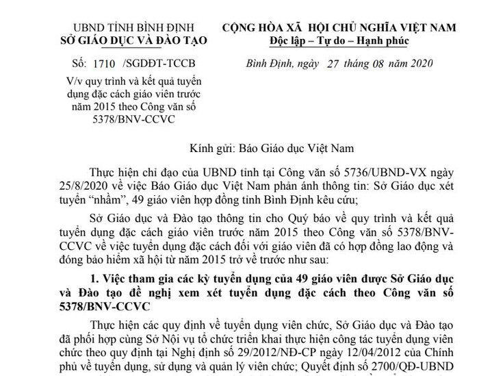 Công văn trả lời Tạp chí điện tử Giáo dục Việt Nam của Sở Giáo dục và Đào tạo tỉnh Bình Định (Ảnh:V.N)