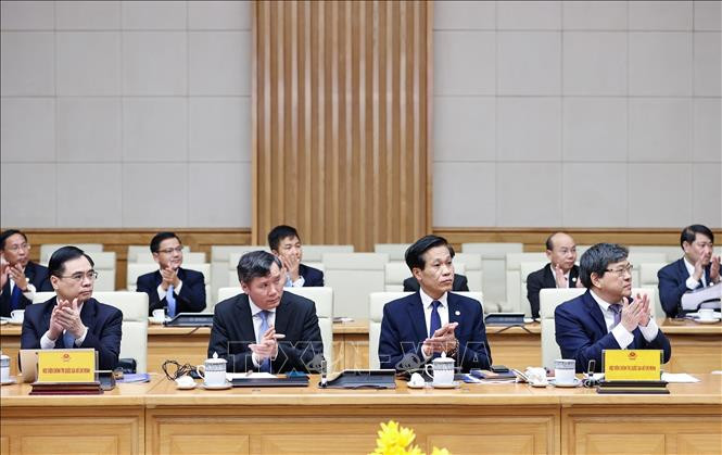 Cán bộ chủ chốt Học viện Chính trị quốc gia Hồ Chí Minh tham dự buổi làm việc. Ảnh: Dương Giang/TTXVN