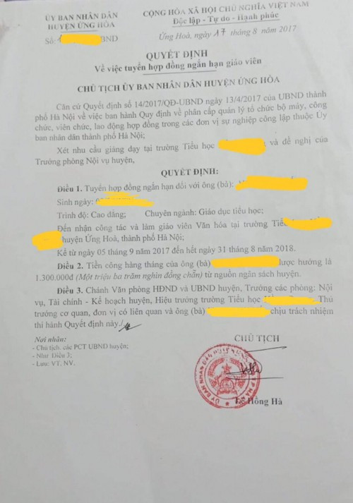 Huyện Ứng Hòa ký hợp đồng 1 năm/ lần với giáo viên hợp đồng, không đóng bảo hiểm, mức lương chi trả thấp (Ảnh:N.H) Huyện Ứng Hòa ký hợp đồng 1 năm/ lần với giáo viên hợp đồng, không đóng bảo hiểm, mức lương chi trả thấp (Ảnh:N.H)