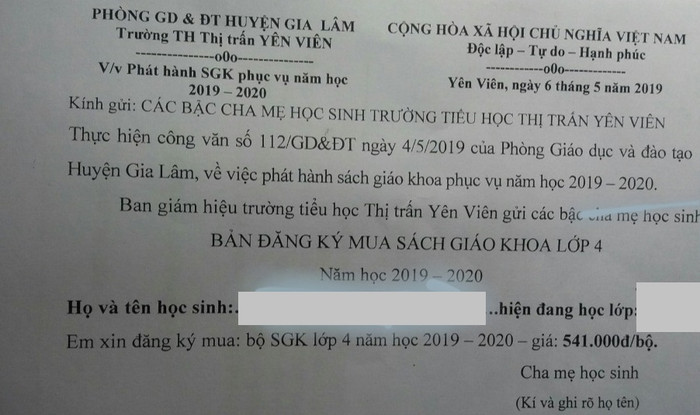 Phiếu đăng ký mua sách của Trường tiểu học thị trấn Yên Viên có giá cao gấp nhiều lần so với giá sách của Nhà xuất bản Giáo dục. Ảnh: Phiếu đăng ký mua sách của Trường tiểu học thị trấn Yên Viên có giá cao gấp nhiều lần so với giá sách của Nhà xuất bản Giáo dục. Ảnh: