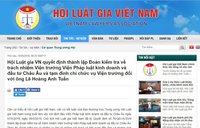 Hội Luật gia Việt Nam công bố thông tin việc thành lập đoàn kiểm tra và tạm đình chỉ chức Viện trưởng đối với "Nhà báo quốc tế" Lê Hoàng Anh Tuấn. Ảnh: Chụp màn hình website Hội Luật gia Việt Nam. Hội Luật gia Việt Nam công bố thông tin việc thành lập đoàn kiểm tra và tạm đình chỉ chức Viện trưởng đối với "Nhà báo quốc tế" Lê Hoàng Anh Tuấn. Ảnh: Chụp màn hình website Hội Luật gia Việt Nam.