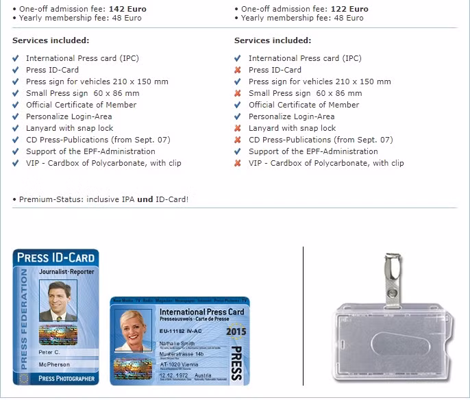 Để sở hữu thẻ "Nhà báo quốc tế" như Lê Hoàng Anh Tuấn chỉ mất chi phí 142 Euro và phí duy trì 48 Euro một năm. Ảnh: Chụp từ website.