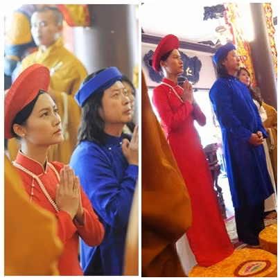 Vợ chồng diễn viên Đỗ Hải Yến trong trang phục truyền thống tổ chức đám cưới tại chùa