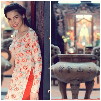 Một chiếc áo dài khác được Hồ Ngọc Hà mặc lên chùa.