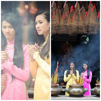 Vương Thu Phương và Phan Thị Mơ đoan trang trong tà áo dài truyền thống của người Việt Vương Thu Phương và Phan Thị Mơ đoan trang trong tà áo dài truyền thống của người Việt
