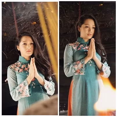 Bảo Anh mong manh và xinh đẹp trong chiếc áo dài màu xanh tuyệt đẹp.