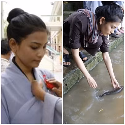 Á hậu Trương Thị Mây trong chiếc áo chàm nâu đặc trưng của nhà chùa