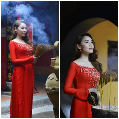 Quỳnh Thư và chiếc áo dài đỏ bắt mắt nhưng đủ kín đáo nơi cửa Phật Quỳnh Thư và chiếc áo dài đỏ bắt mắt nhưng đủ kín đáo nơi cửa Phật
