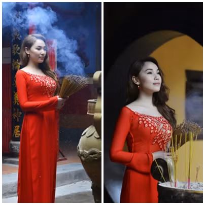 Quỳnh Thư và chiếc áo dài đỏ bắt mắt nhưng đủ kín đáo nơi cửa Phật