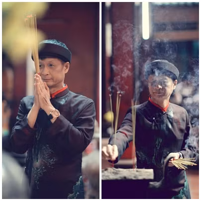 Đạo diễn Lê Hoàng trông giống hệt một ông đồ trong bộ khăn xếp áo the này