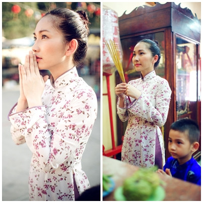 Mẹ con Kim Hiền rạng rỡ nơi cửa Phật với chiếc áo dài điểm hoa tím li ti Mẹ con Kim Hiền rạng rỡ nơi cửa Phật với chiếc áo dài điểm hoa tím li ti