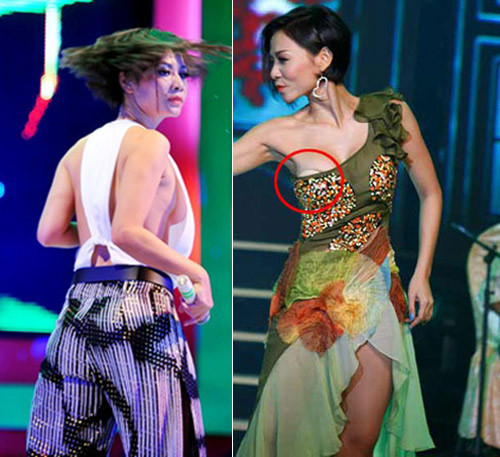 Hiện tại phong cách thời trang của Thu Minh đã tinh tế và kín đáo hơn xưa nhưng trước đây nữ ca sĩ đa tài này lại thuộc top người đẹp luôn gặp sự cố với váy áo quá sexy. Từ việc lộ miếng dán ngực, lộ ngực khi biểu diễn đến tai nạn rách áo vì vải quá mỏng.