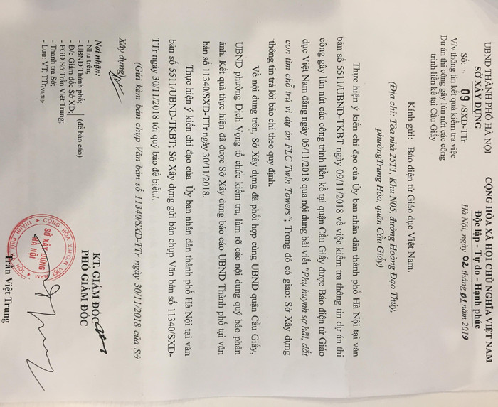 Văn bản Sở Xây dựng gửi Báo điện tử Giáo dục Việt Nam về việc dự án FLC Twin Towers gây lún, nứt, hư hỏng nhiều nhà dân liền kề. Ảnh chụp văn bản. Văn bản Sở Xây dựng gửi Báo điện tử Giáo dục Việt Nam về việc dự án FLC Twin Towers gây lún, nứt, hư hỏng nhiều nhà dân liền kề. Ảnh chụp văn bản.