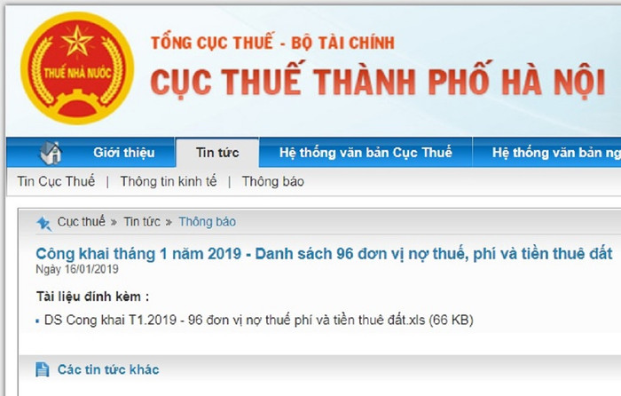 Cục Thuế Hà Nội công khai trên website danh sách 96 doanh nghiệp nợ thuế, phí, thuê đất đầu năm 2019. Ảnh: Chụp từ Cục thuế Hà Nội. Cục Thuế Hà Nội công khai trên website danh sách 96 doanh nghiệp nợ thuế, phí, thuê đất đầu năm 2019. Ảnh: Chụp từ Cục thuế Hà Nội.