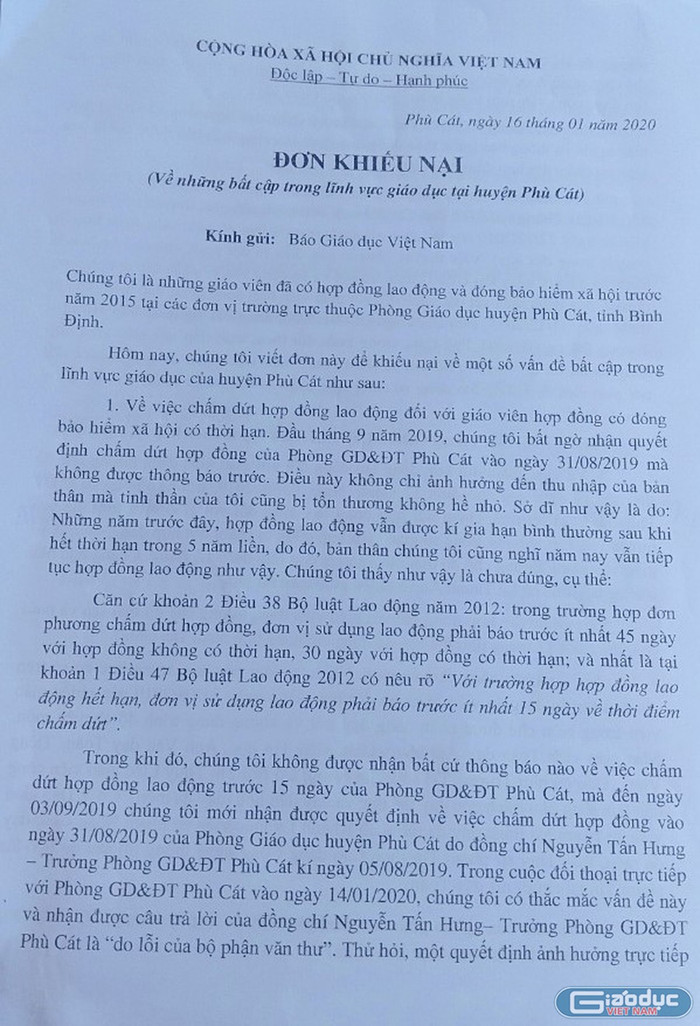 Đơn khiếu nại do giáo viên hợp đồng huyện Phù Cát gửi tới Báo điện tử Giáo dục Việt Nam (Ảnh:V.N) Đơn khiếu nại do giáo viên hợp đồng huyện Phù Cát gửi tới Báo điện tử Giáo dục Việt Nam (Ảnh:V.N)