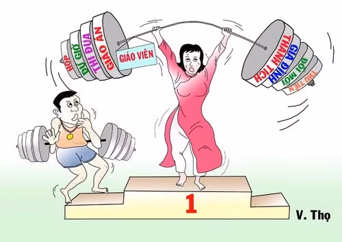 Biếm họa gánh nặng của thầy cô giáo. Tranh của V.Thọ