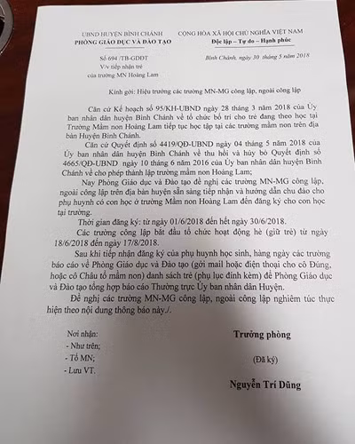 Thông báo 694 của Phòng Giáo dục và Đào tạo huyện Bình Chánh gửi tới trường ngày 31/5 (ảnh: P.L)