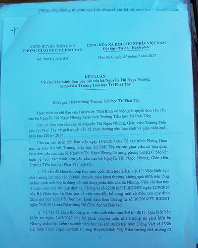 Kết luận 747 của Phòng Giáo dục và Đào tạo huyện Thới Bình, tỉnh Cà Mau (ảnh: P.L)