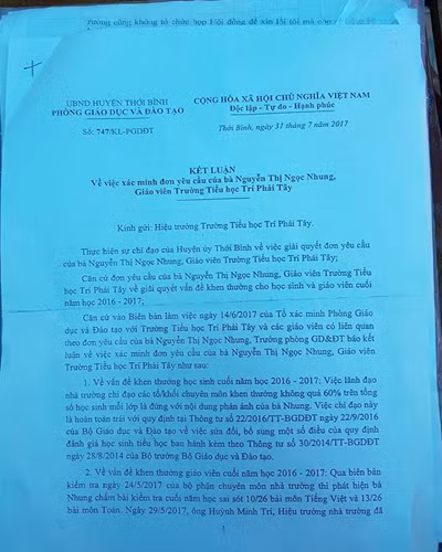 Kết luận 747 của Phòng Giáo dục và Đào tạo huyện Thới Bình, tỉnh Cà Mau (ảnh: P.L)