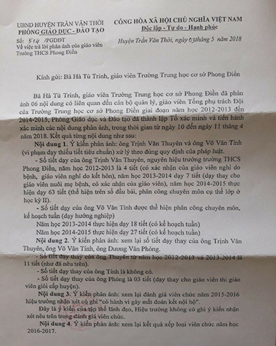 Thông báo 514 của Phòng Giáo dục và Đào tạo huyện Trần Văn Thời gửi tới cô Trinh (ảnh: P.L) Thông báo 514 của Phòng Giáo dục và Đào tạo huyện Trần Văn Thời gửi tới cô Trinh (ảnh: P.L)