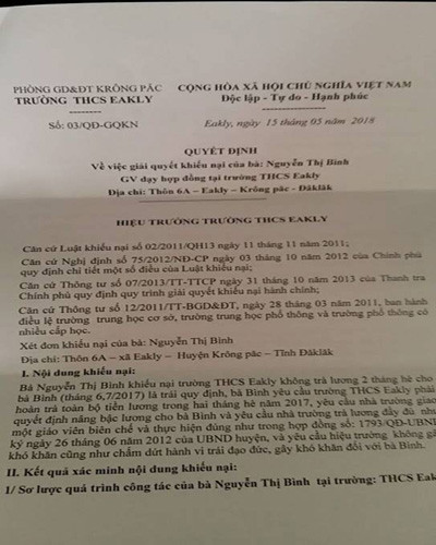 Quyết định 03 trả lời các khiếu nại của cô Nguyễn Thị Bình từ Trường Eakly (ảnh: P.L)