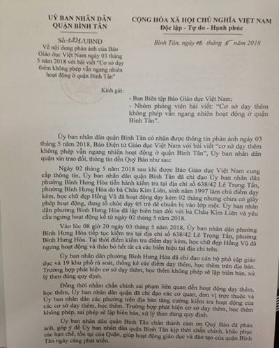 Văn bản 1221 của quận Bình Tân gửi Báo Điện tử Giáo dục Việt Nam vào ngày 3/5 (ảnh: P.L) Văn bản 1221 của quận Bình Tân gửi Báo Điện tử Giáo dục Việt Nam vào ngày 3/5 (ảnh: P.L)