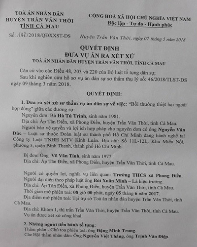 Quyết định đưa ra xét xử công khai vụ án dân sự của Tòa án nhân dân huyện Trần Văn Thời (ảnh: P.L) Quyết định đưa ra xét xử công khai vụ án dân sự của Tòa án nhân dân huyện Trần Văn Thời (ảnh: P.L)