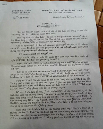 Thông báo số 35 của Ủy ban nhân dân huyện Thới Bình, tỉnh Cà Mau (ảnh: P.L)