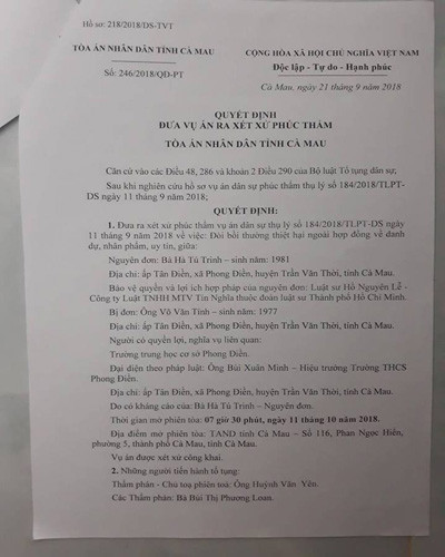 Quyết định đưa ra xét xử vụ kiện dân sự của cô Hà Tú Trinh tại Tòa án tỉnh Cà Mau (ảnh: P.L) Quyết định đưa ra xét xử vụ kiện dân sự của cô Hà Tú Trinh tại Tòa án tỉnh Cà Mau (ảnh: P.L)