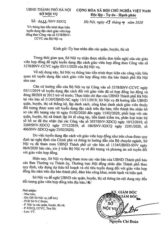 Sở Nội vụ Hà Nội xin ý kiến Bộ Nội vụ về phương án xét tuyển, đối tượng giáo viên hợp đồng được đặc cách (Ảnh:V.N)